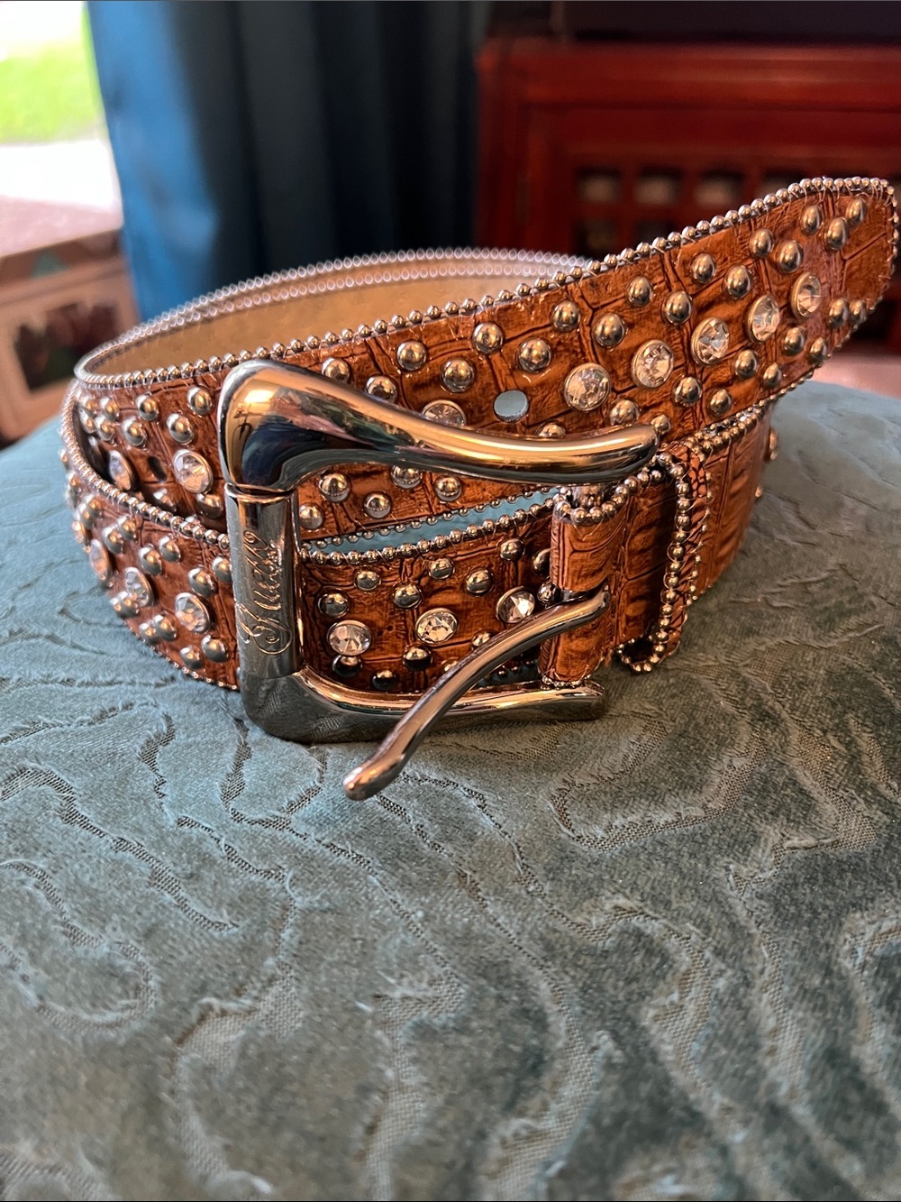 Guess Brown Crystal-Embellished Leather Belt with Silver Buckle